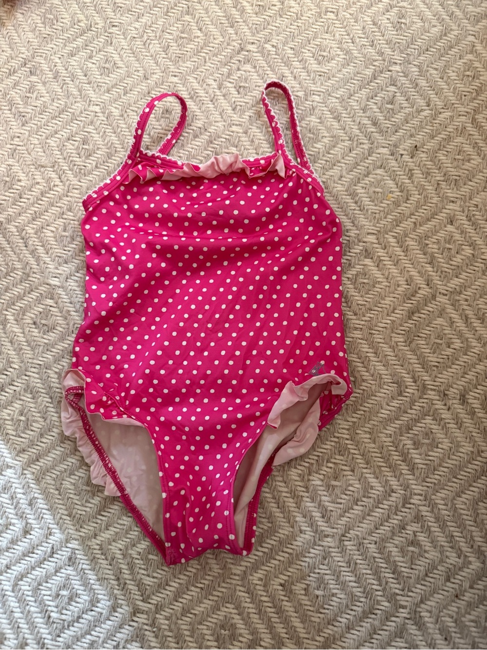 Petit Bateau Pink and White Polka Dot Ruffle One-Piece